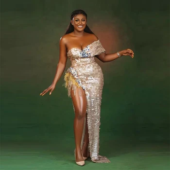 セクシーなスパンコールのついたドレス,裸の肩,羽毛のあるハイスリット,イブニングドレス,aso ebi,アフリカのパーティードレス,2022