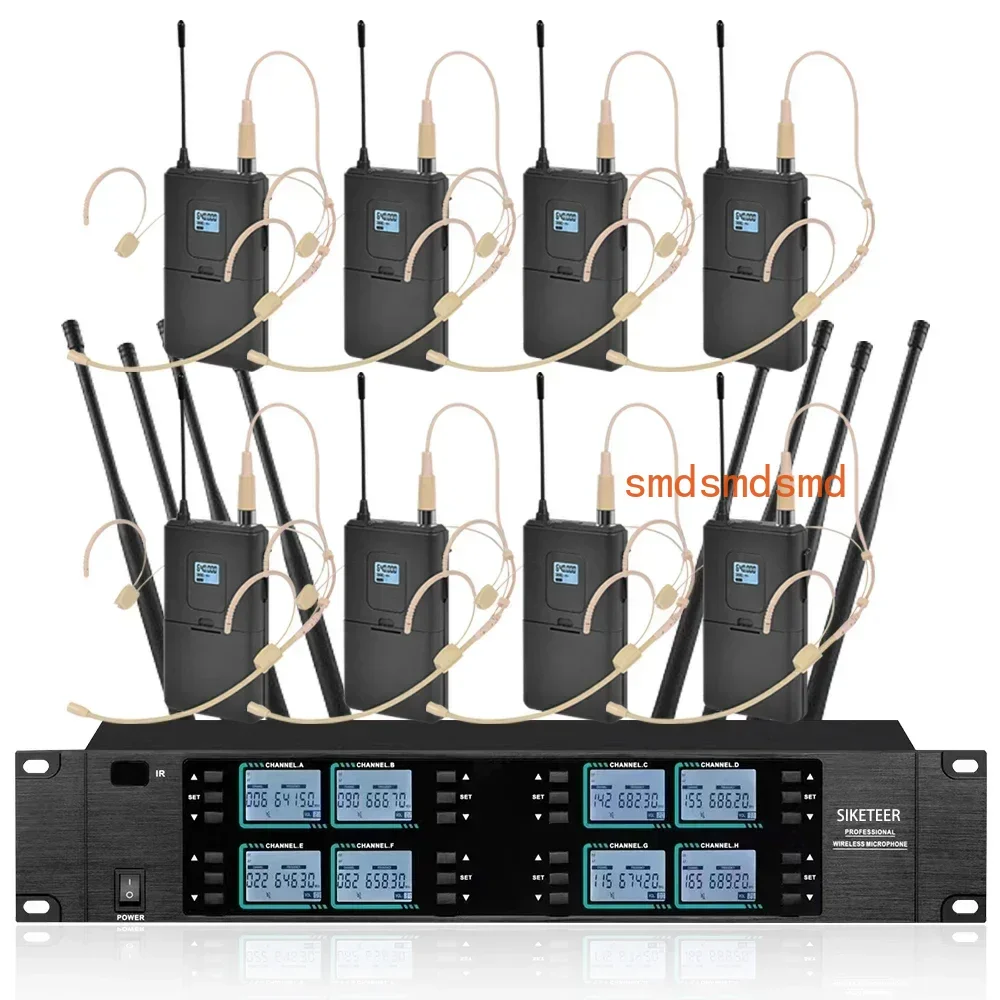 Wireless Microphone System Professional 8-Channel UHF Headset Mic Set for Stage Performances Houses of Worship NM432