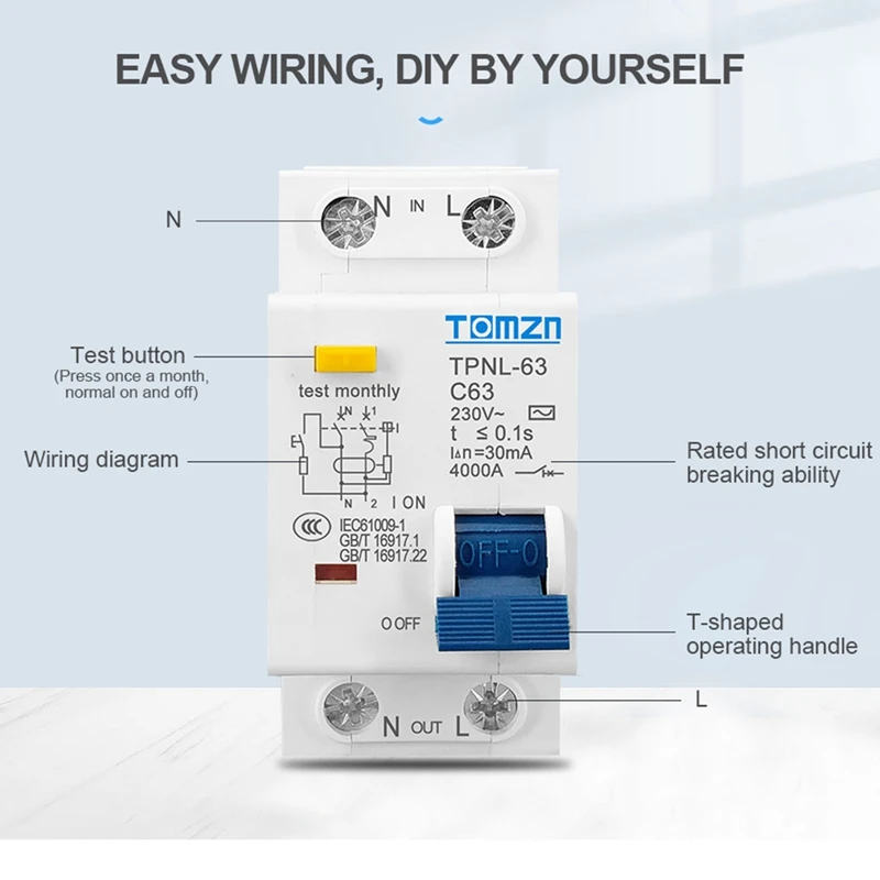 A50I TOMZN TPNL DPNL 230V 1P+N Residual Current Circuit Breaker With Over And Short Current Protection RCBO MCB, TPNL