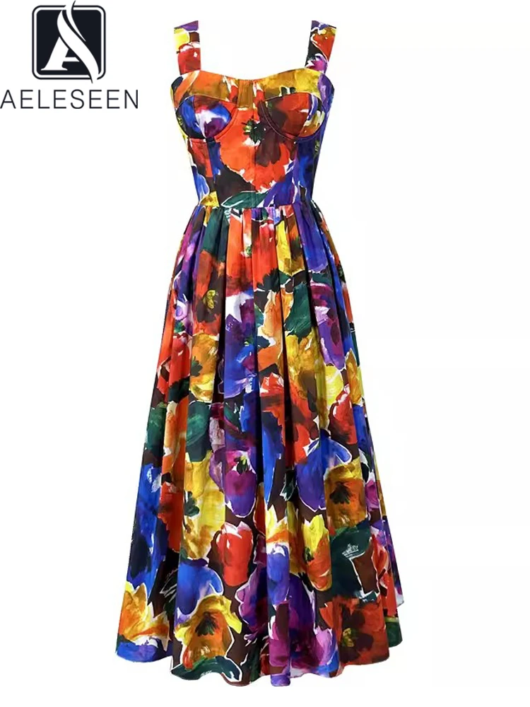 

AELESEEN High Quality 100% Cotton Dress Women Sicilian Summer Red Purple Flower Print Spaghetti Strap Elegant Long Camisole