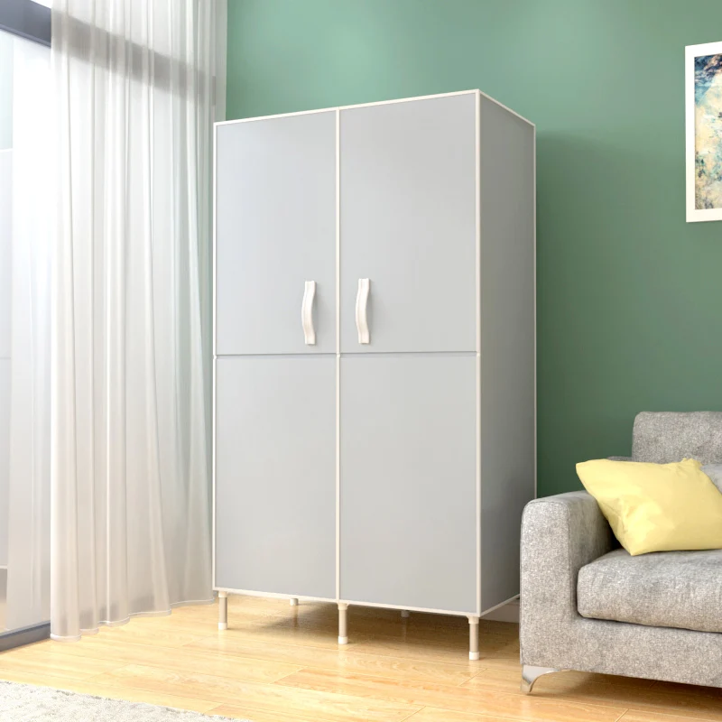 Freestanding Non-Woven Fabric Wardrobe with Magnetic Doors, 2 Storage Shelves & 2 Hanging Rods, Portable Bedroom Clothes Storage Organizer, Sturdy, Easy to AssembleGray