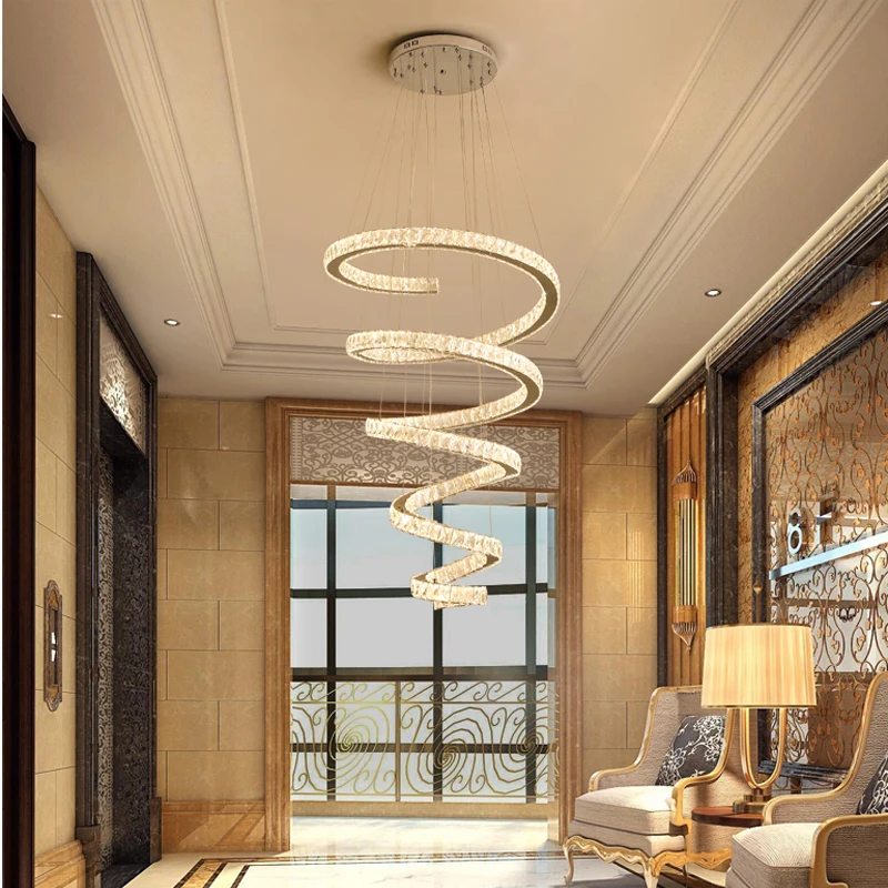 Stairwell Modern LED Chandeliers Villa Spiral Stair Long Crystal Chandelier Lighting Hotel Lobby Decoration Crystal Hanging Lamp