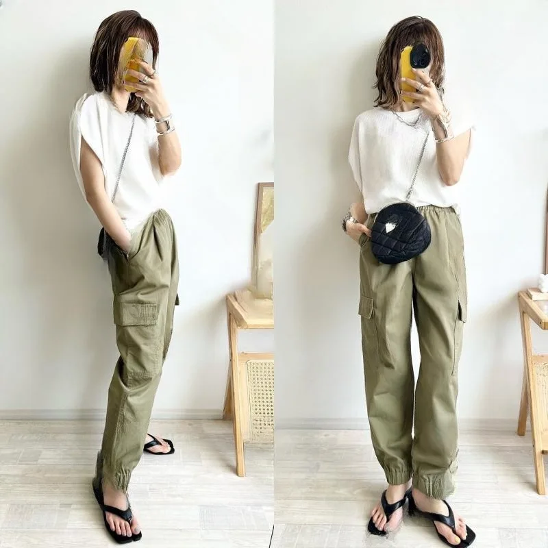 

Лето 2025 г., новый топ с круглым вырезом и короткими рукавами, эластичный пояс, длинные брюки с большим карманом, комплект из двух предметов