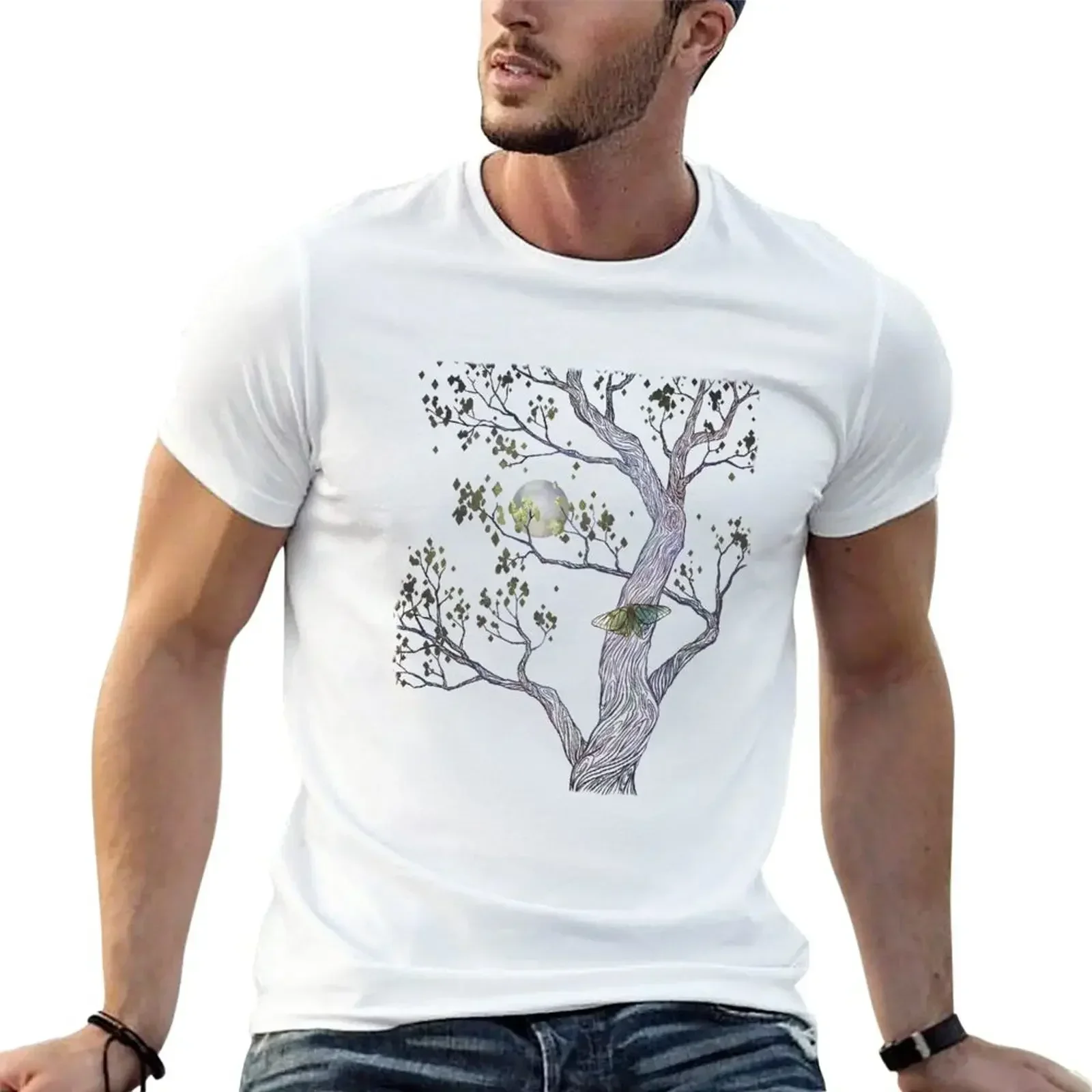 Spanish moon moth and moonlit tree T-Shirt cute tops blacks Blouse mens t shirt heavyweight Round Collar Outfits funny style2024