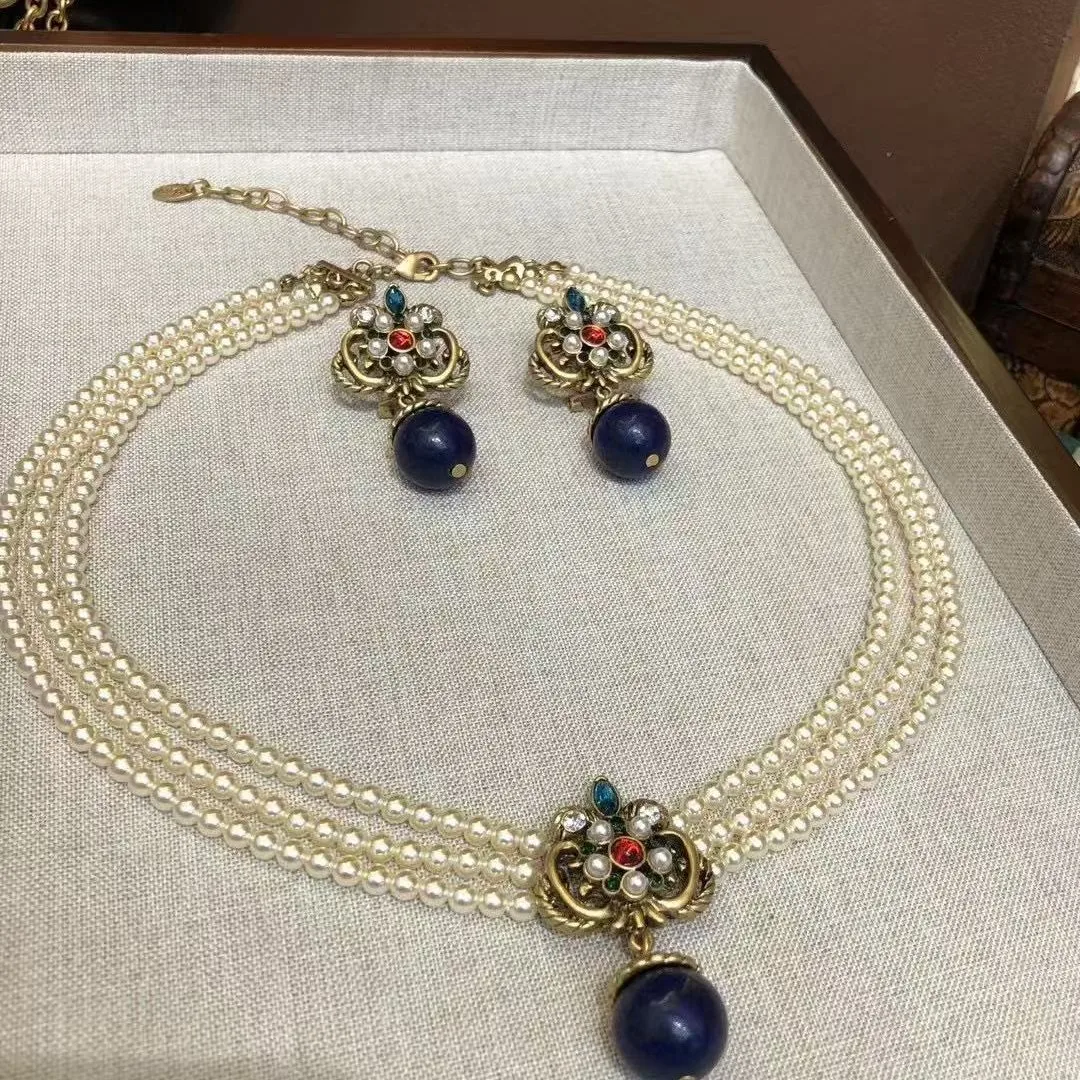 Vintage fashion classic lapis lazuli with pearl necklace earrings for women‘s girl party gift jewlry wholesale