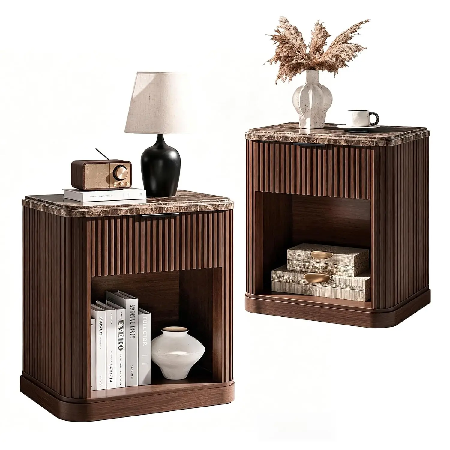 Modern Fluted Nightstand Set of 2 with Charging Station Faux Marble Top, Customized