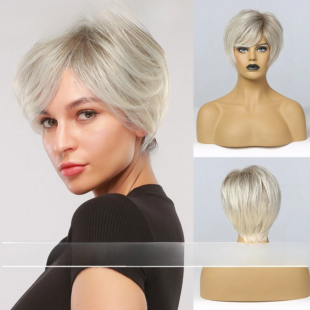

European and American granny short hair women's wig gradual change blond chemical fiber hair bangs micro roll