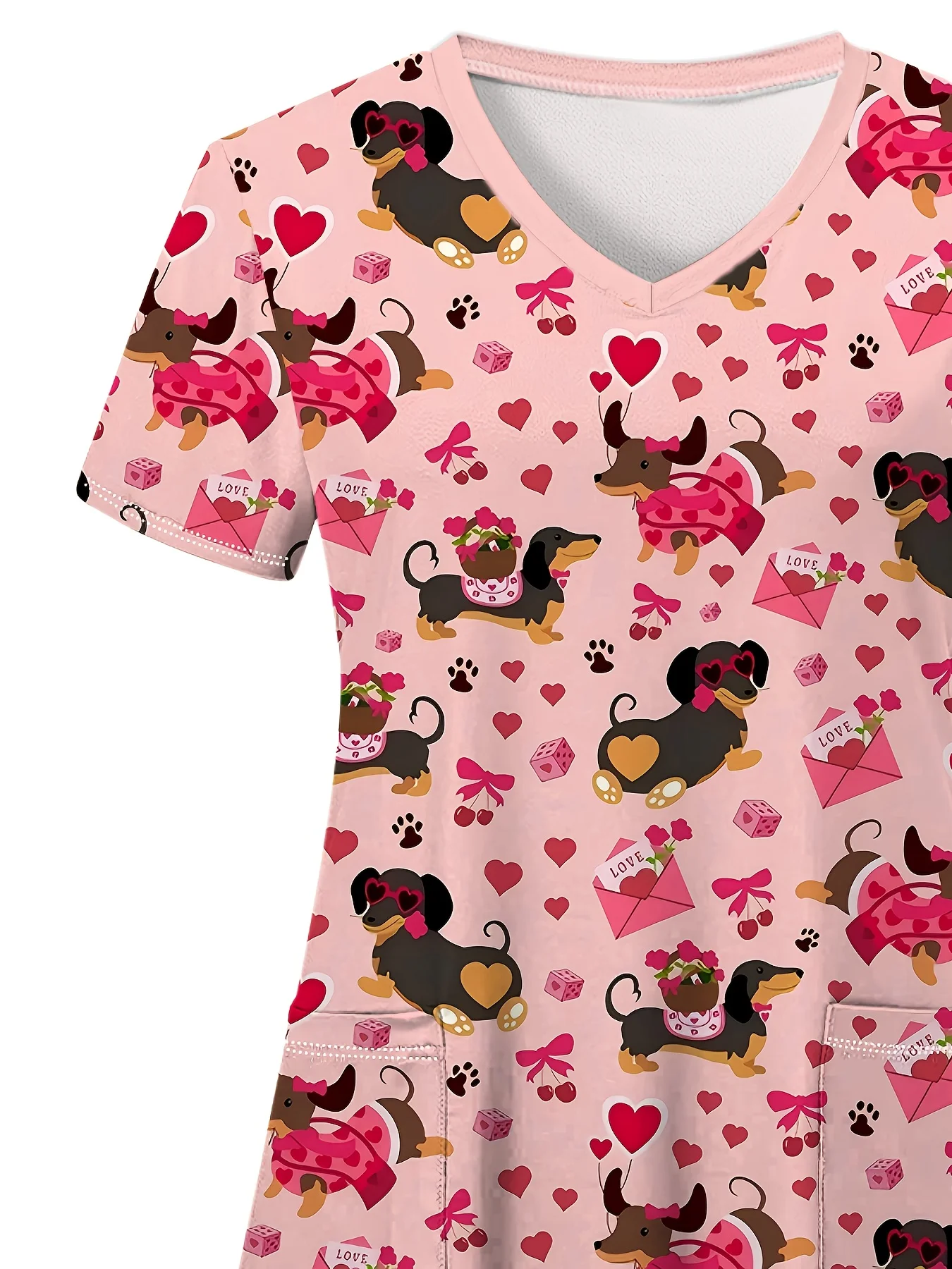 بلوزة نسائية لطيفة بطباعة Dachshund ورقبة على شكل حرف V وأكمام قصيرة مع تصميم بطباعة مخالب على شكل قلب وجيوب مثالية للممرضات ملابس الصيف