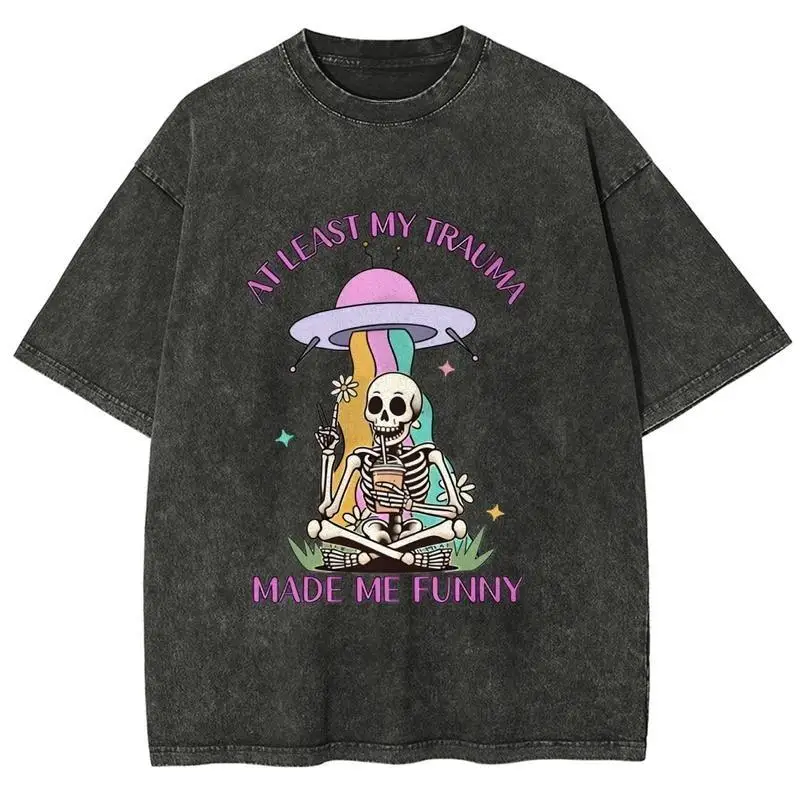 

Oversized Funny "At Least My Trauma Made Me Funny" T-shirt for Women Y2K Aesthetic Skull Tee Grunge Sarcastic Streetwear Top