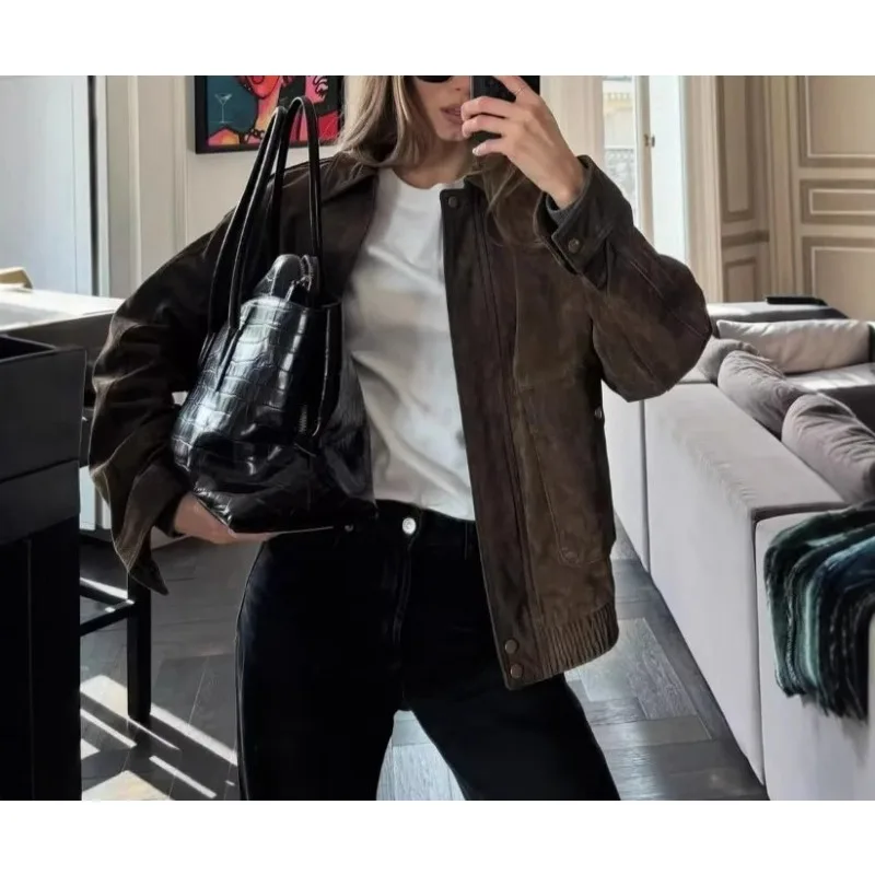 ソリッドカラーフェイクスエードジャケットコート女性ファッションラペル長袖ジッパーオールマッチジャケット女性新しいトレンディなストリートウェアコート