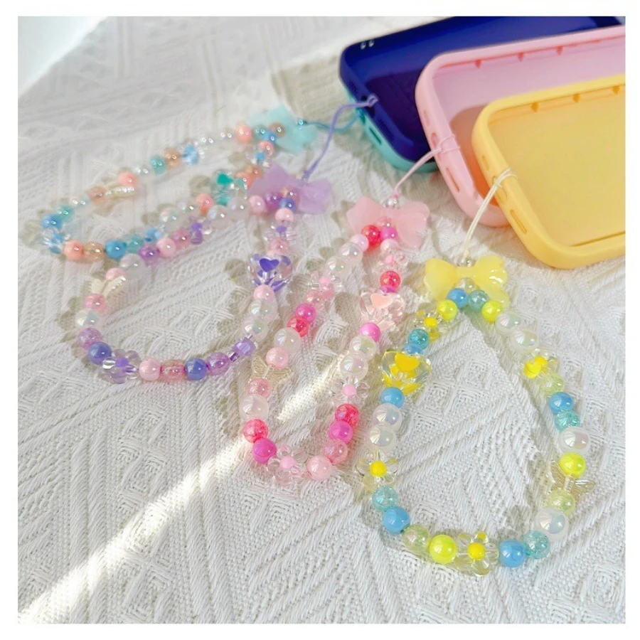 Sea Salt-Style Jelly Bow Color-Blocked Beaded Cell Phone Strap