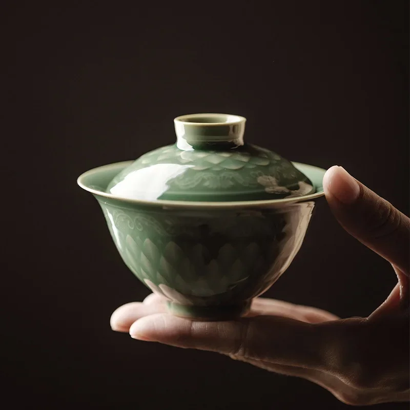 Longquan Blue Porcelain Handmade Relief Cover Bowl Gongfu Tea Set Fish Scale Pattern Non-Scalding Thin Tea Bowl