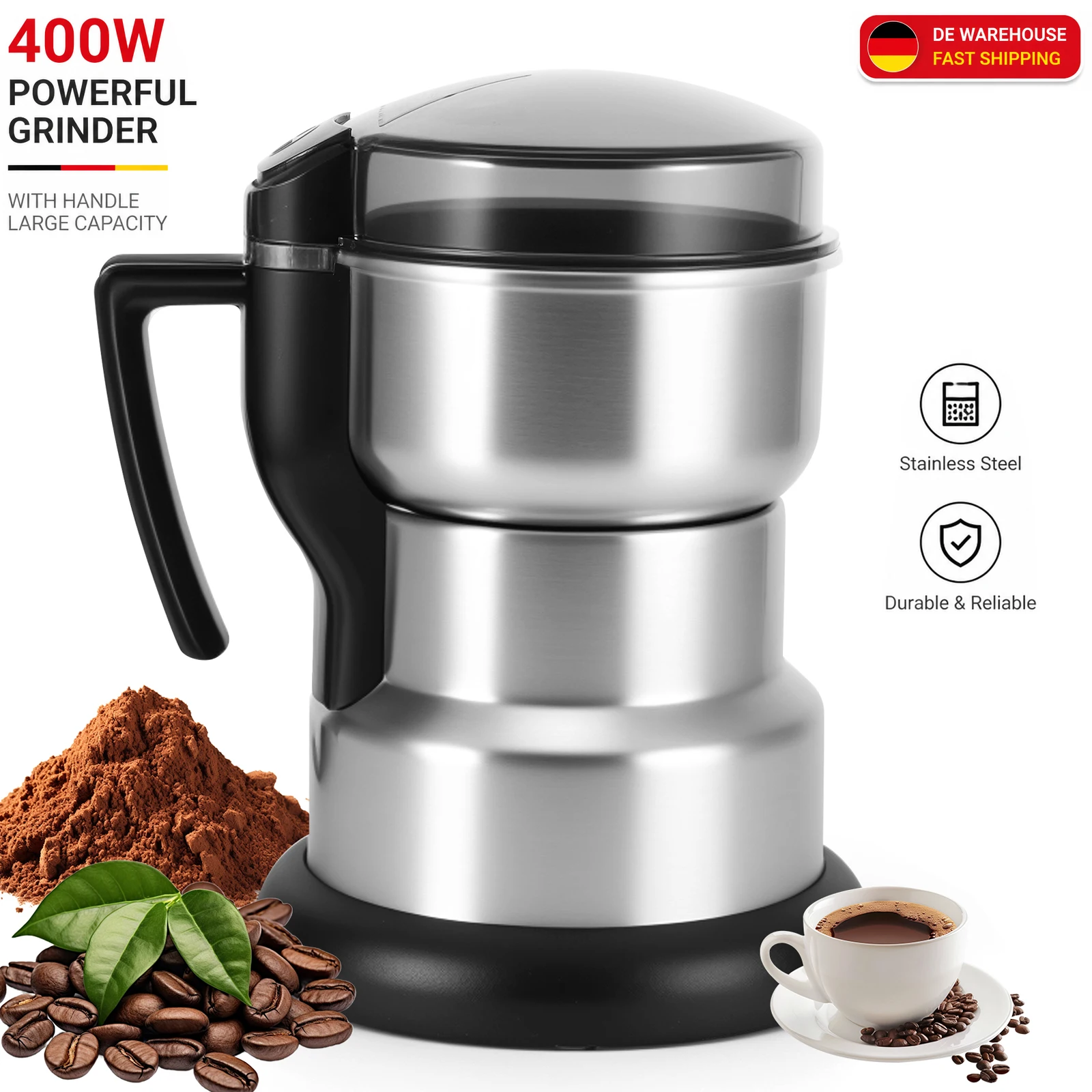 Image of Elektrische Kaffeemühle & Gewürzmühle, 4000W Schnellmahlung mit Edelstahlklingen für Kaffeebohnen, Gewürze, Pfeffer, Samen, Kräuter, Trockenfutter, Mini-Küchenmühle mit Griff