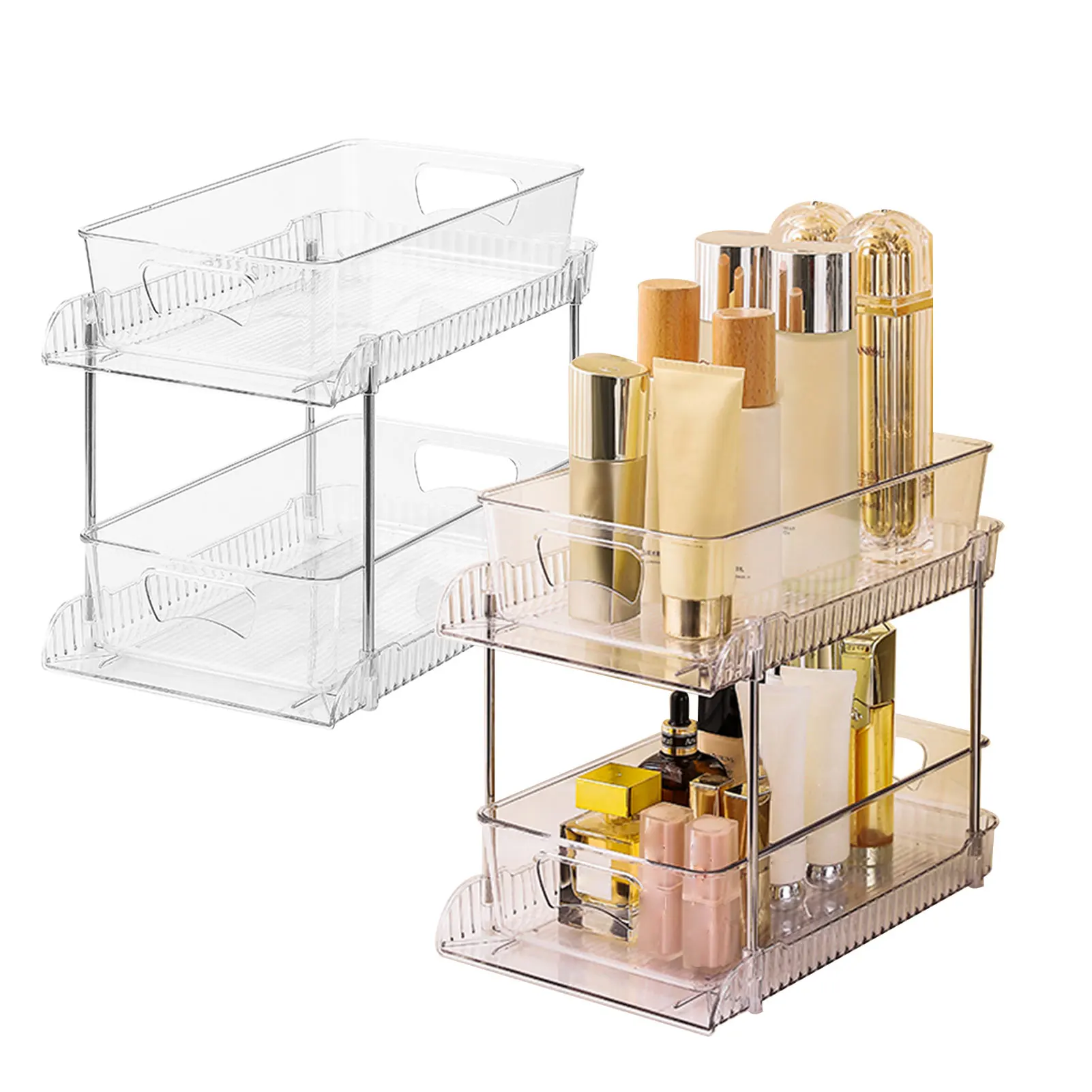 

2 Pcs Clear Bathroom Organizers 2 Tier Pull-Out Multi-Purpose Plastic Drawer Storage For Under Sink Kitchen Supplies