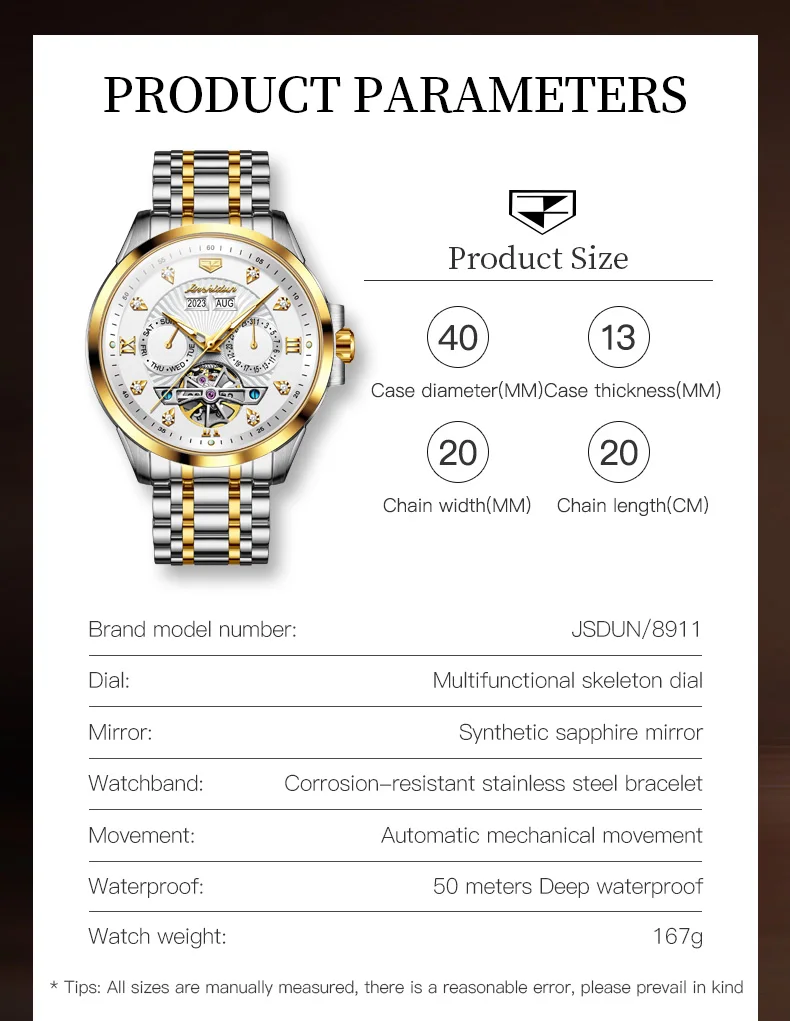 JSDUN Original Business Waterproof Stainless Steel Man Watch Luminous Calendar Multifunction Gold Automatic Mechanical Watch Men