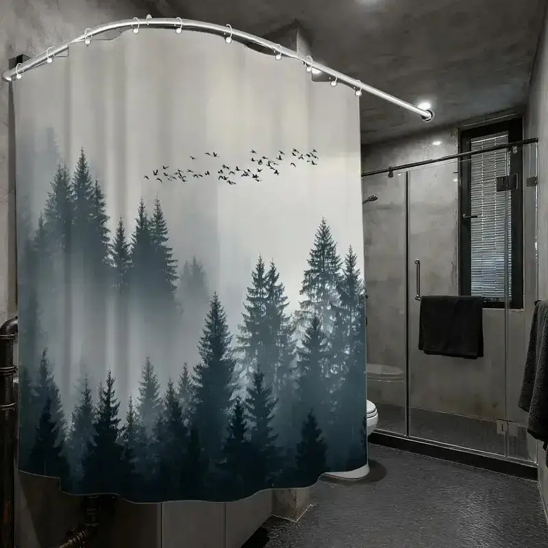 

Занавеска для душа Serene Forest – с изображением туманных сосен и летящих птиц на сером градиентном фоне, 12 крючков, водонепроницаемый декор для ванной комнаты