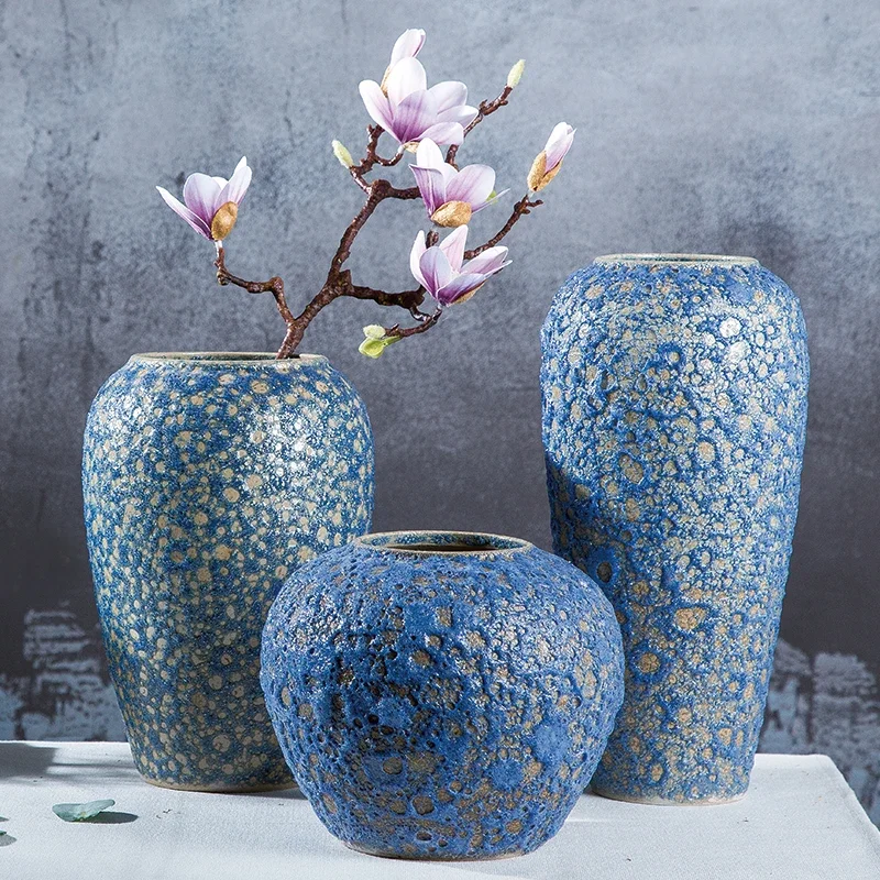 Retro Chinese Blue Bubble Glaze Stoneware Countertop Ceramic Dried Flower Vase Flower Arrangement Living Room Decorations