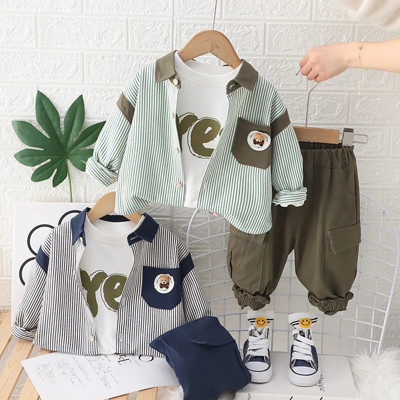 

Toddler Tracksuits 2024 Spring Korean Baby Boy Clothes 2 To 3 Years Vertical Striped Shirts T-shirts Pants Kids Boys Outfit Set