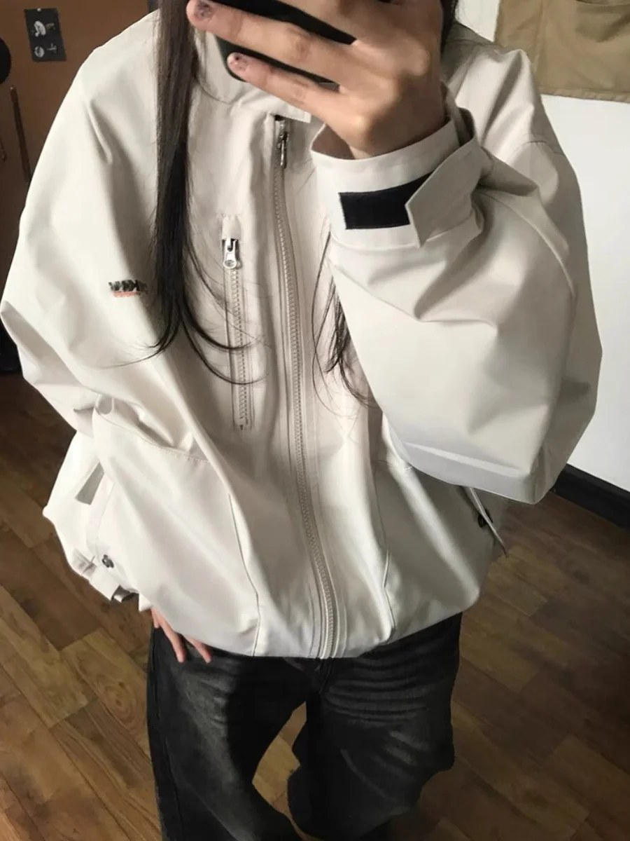 

American Street Sle Zipper Decorated Workwear Jaet Loose Fit ex Spring Autumn ular Trendy Long Sve Coat