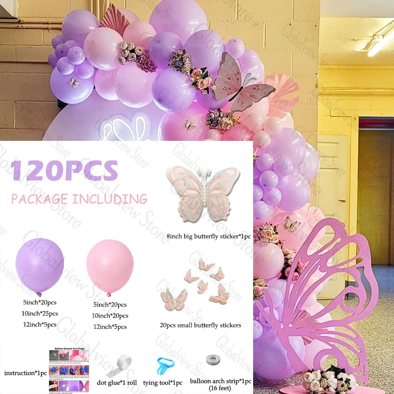 Motyl Dekoracje urodzinowe Różowy fioletowy balon Girlanda Zestaw łuku Baby Shower 1st Girls Urodziny Party Decor Naklejka motylkowa