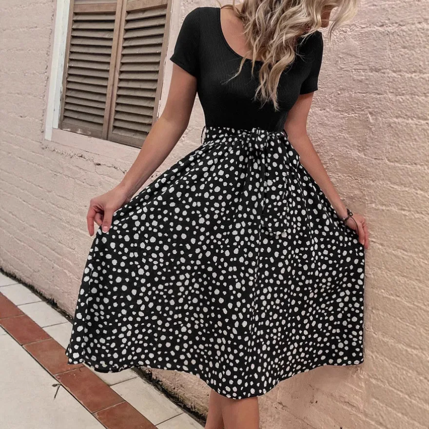 Dw 2025 欧米風プリントTシャツワンピース レディース Aラインスカート 半袖 ハイウエストステッチ ロングスカート