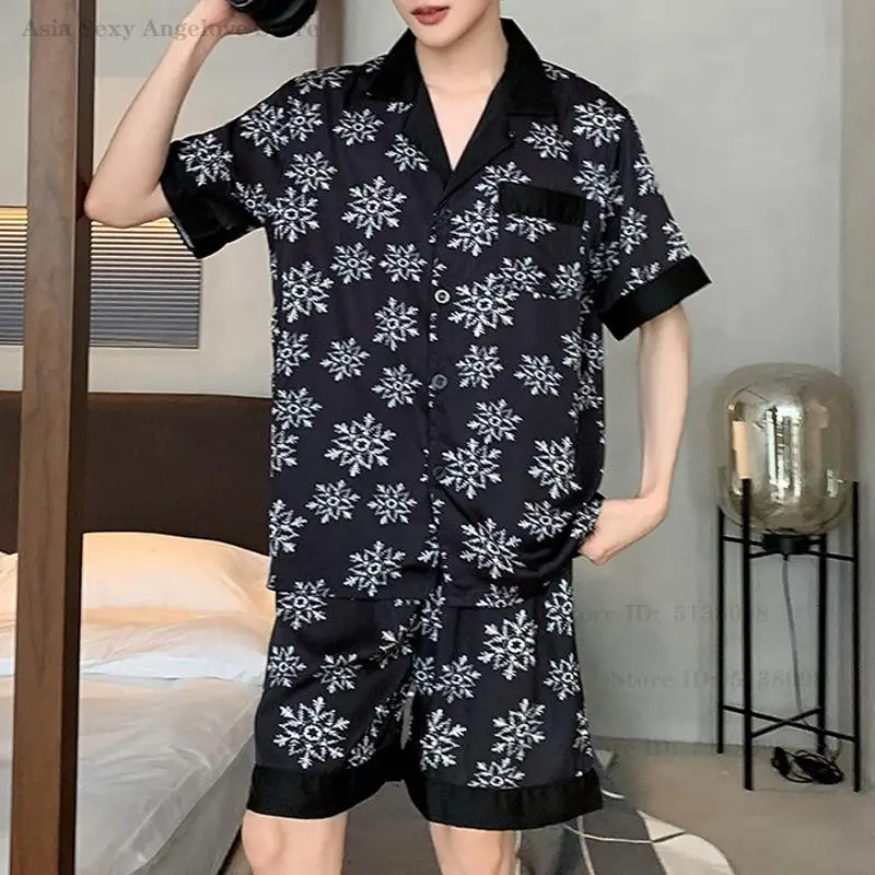 Summer New Male Pajama 2PCS Set Print Short Sleeve Shorts Sleepwear Loungewear Loose Silk Satin Home Clothes Lingerie Pyjamas