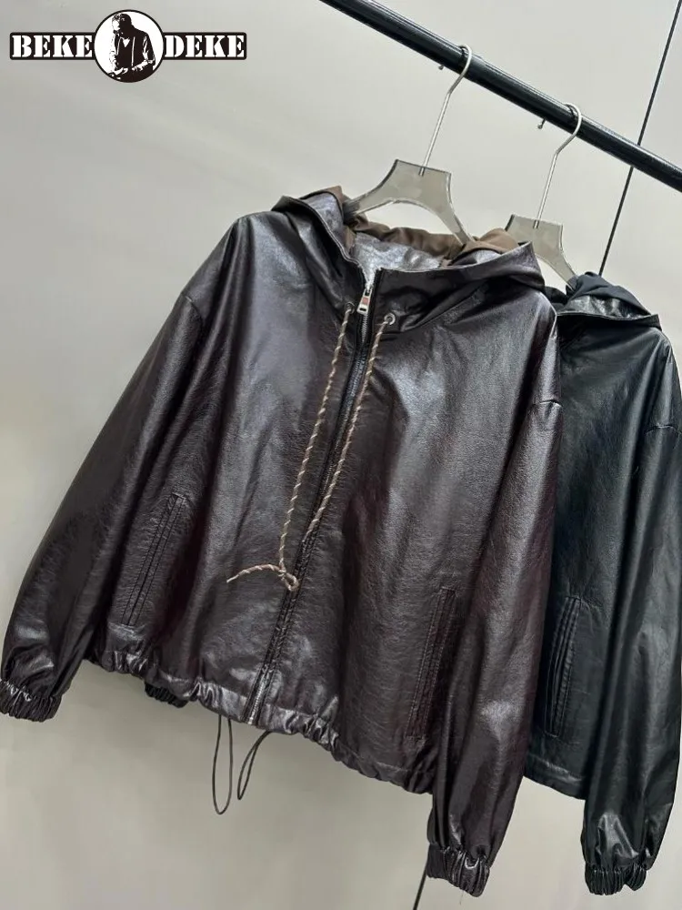 Veste à capuche en cuir véritable pour femme, Style loisirs, couleur unie, peau de vache, manches longues, fermeture éclair ample, vêtements d'extérieur à la mode