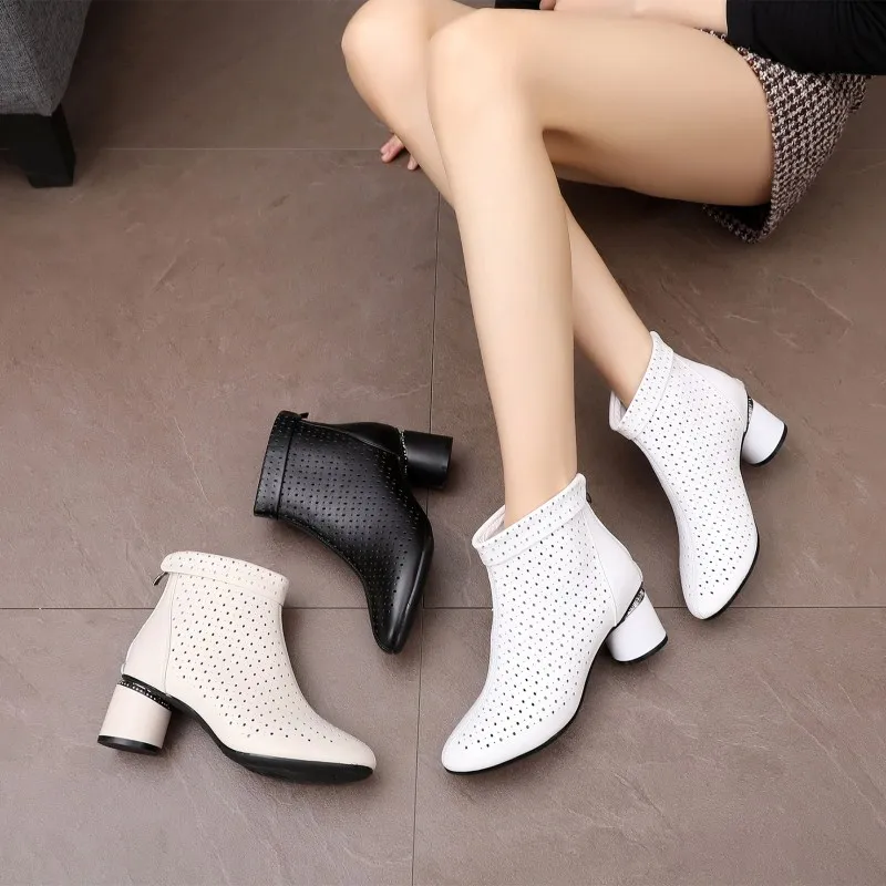 GKTINOO Ankle Boots Zipper Footwear Hollow Out Fashion Ladies High Heels Round Toes Genuine Leather Summer Shoes