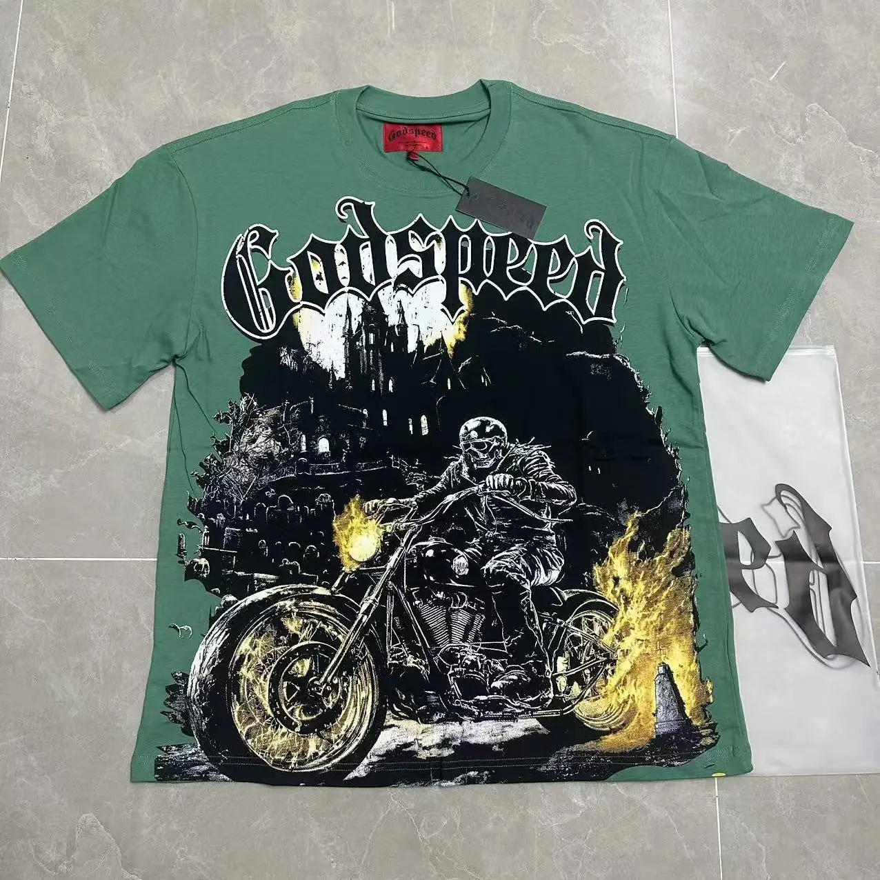 Godspeed Skull Rider Print Retro Cotton T-Shirt round Neck Short Sleeve Casual Streetwear for Youth Unisex Non-ironed  C...