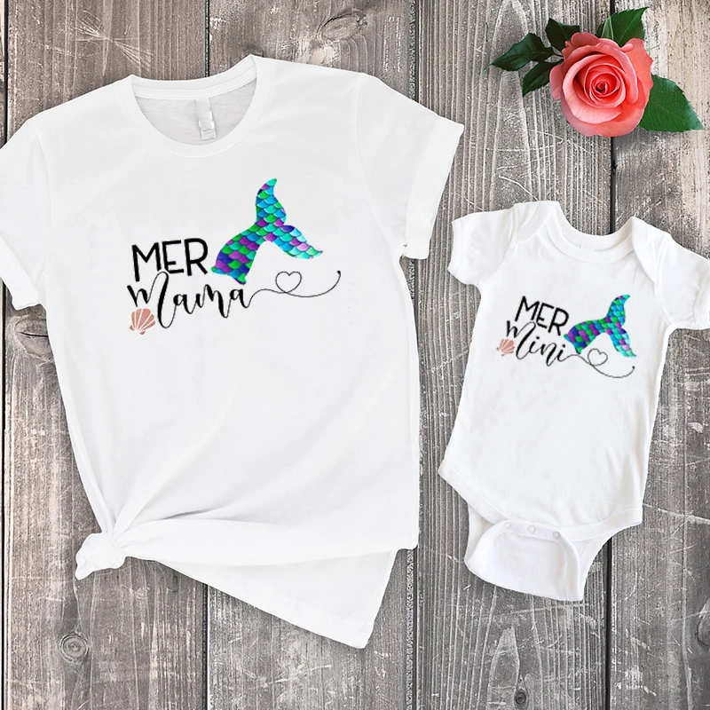 Mommy and Me Outfits Mermaid Mama Mer Mini Shirt Set Mommy Daughter Sets Family Look Baby Girl Clothes Print Fashion Tee