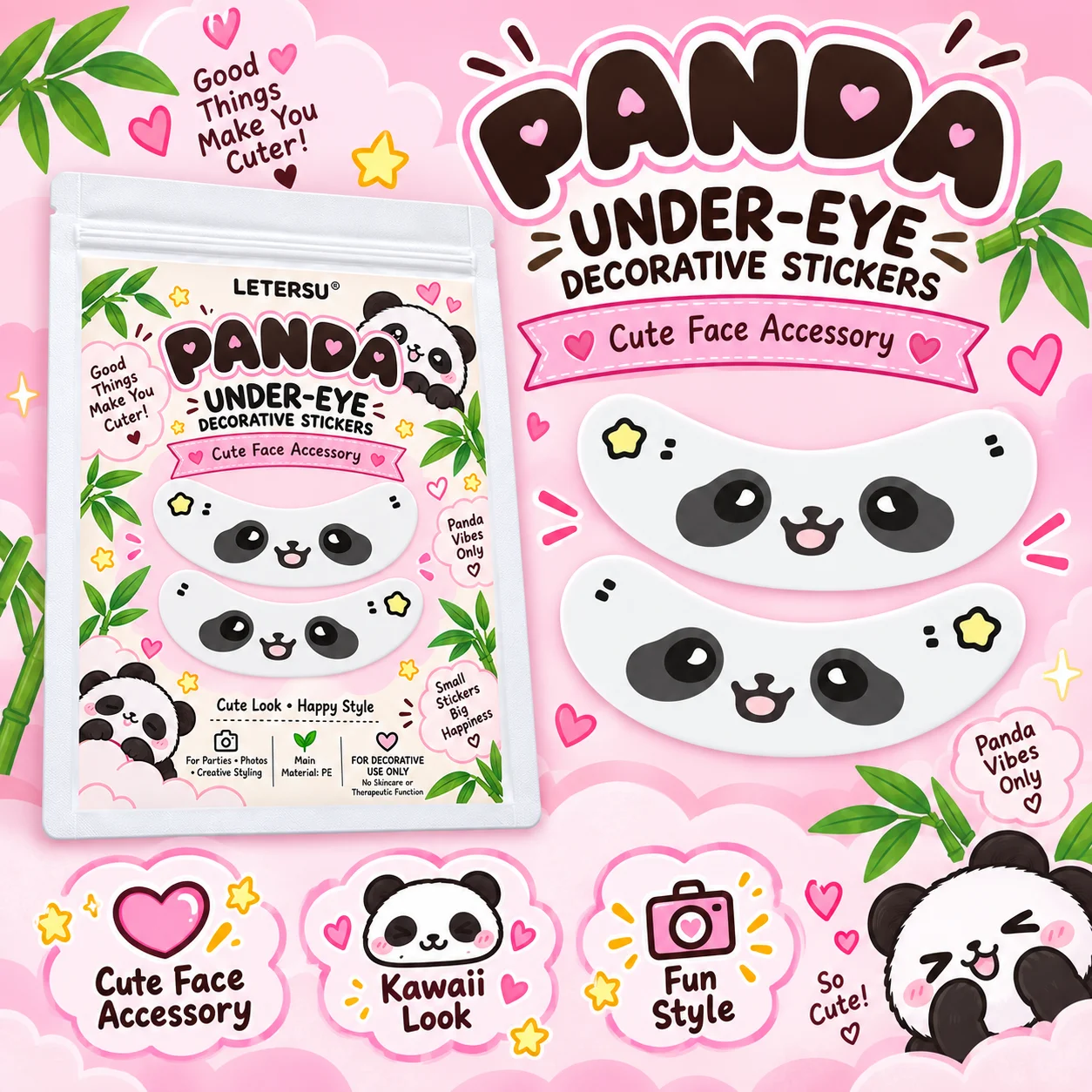 4PCS Cute Panda Under Eye Stickers, Kawaii Cartoon Eye Patches, Black White Face Makeup Accessories for Girls, Party Cosplay Pho