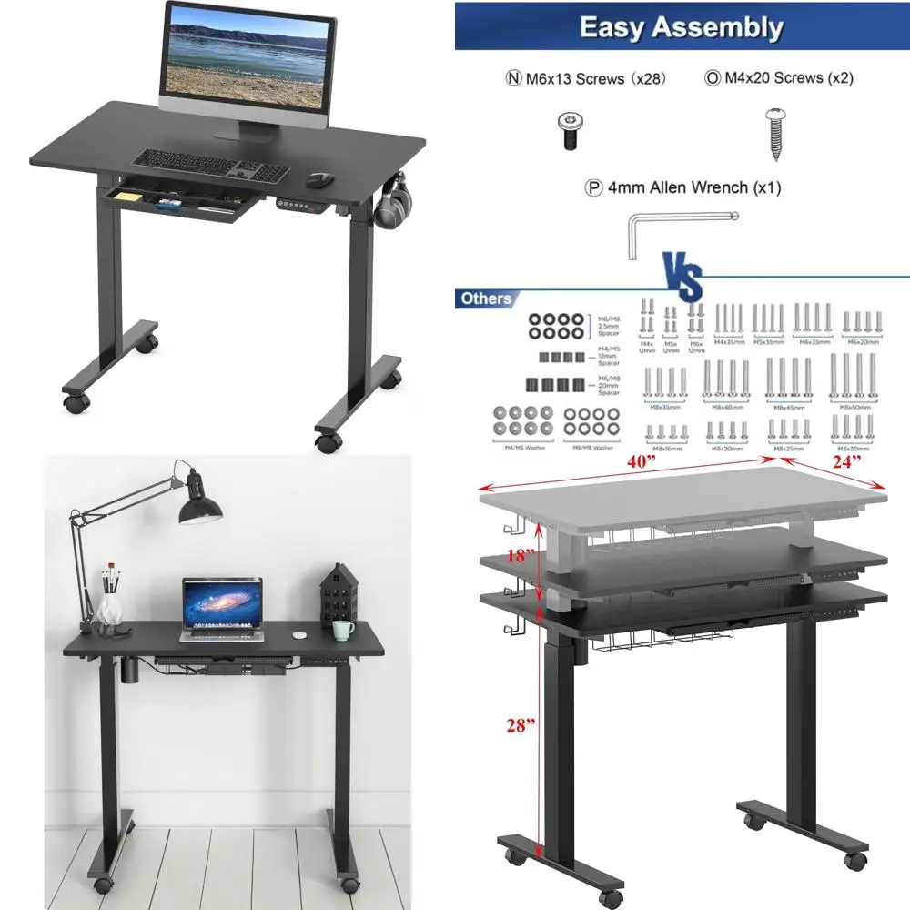 

40 Adjustable Electric Sit-Stand Desk with Drawer, Hooks, and Cable Management in Black
