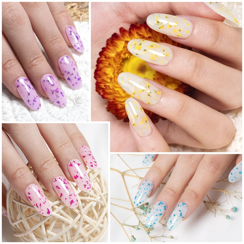 PUENTE 5ml Flower Fairy Gel Nail Polish Pink Purple Blue Natural Dried Flower Nail Art Gel Soak Off UV Semi-Permanent Varnish 6