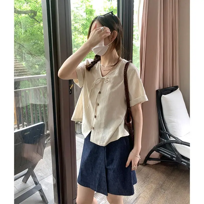 Women Summer Simplicity Fashion Lacing Solid Color V-neck Short Sleeve Shirts Women Clothes Sweet All-match Trend Lacing Top Tee