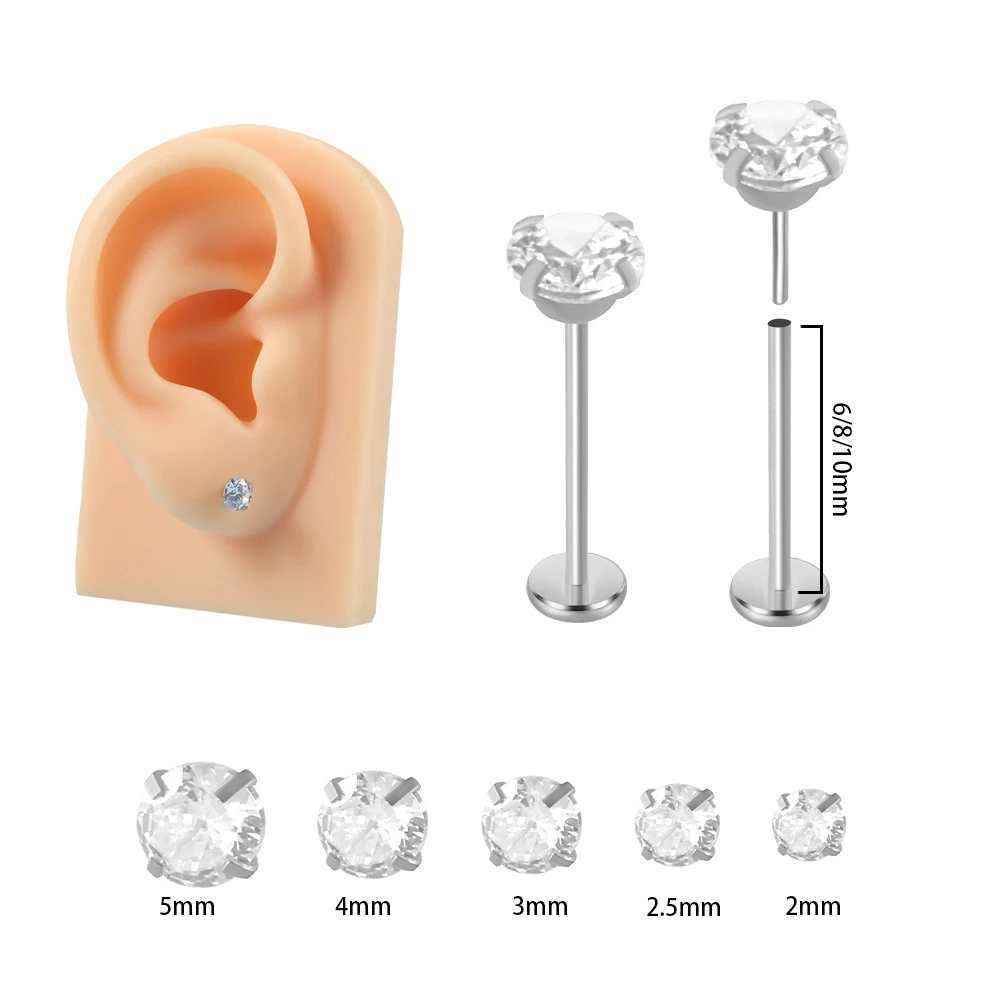 1PC Surgical Steel Insertion Rod Zircon  Labret Lip Stud Silver Color  Ear Cartilage Tragus Helix Daith Piercing Jewelry 20 G