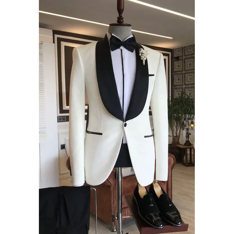 White Blazer Black Pants 2 Piece Jacket Slim Fit Shawl Lapel Single Breasted Slim Fit Wedding Outfits Terno Elegant Full Set