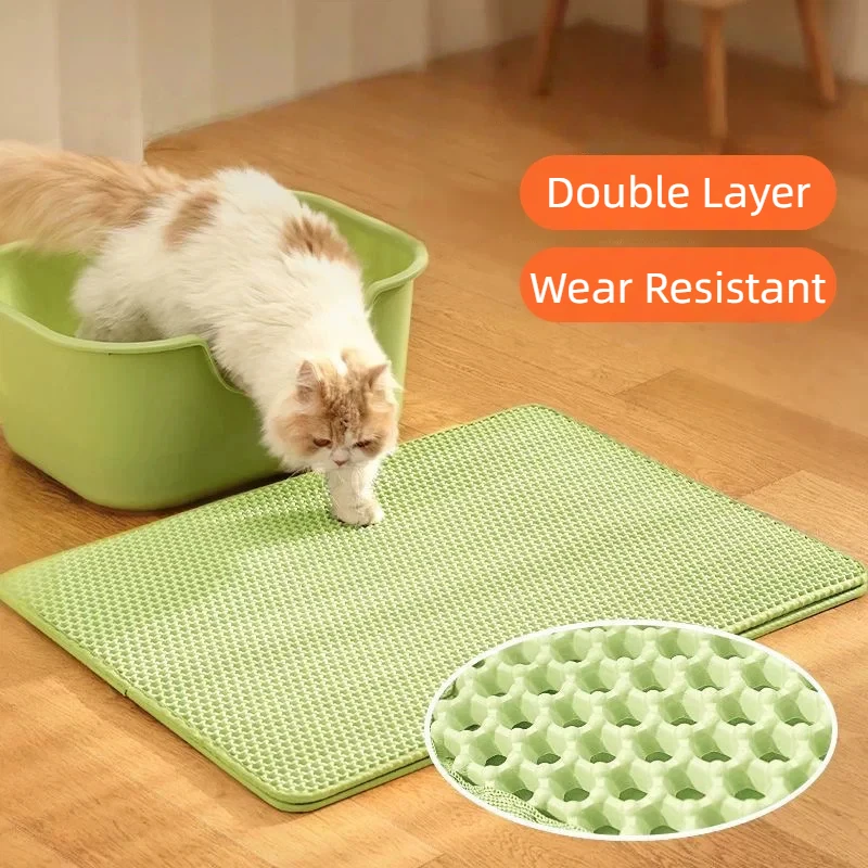 Alfombrilla verde para arena de gatos, doble capa de EVA, con orificios grandes, antideslizante, filtro de arena, alfombrilla para arenero, accesorios para gatos