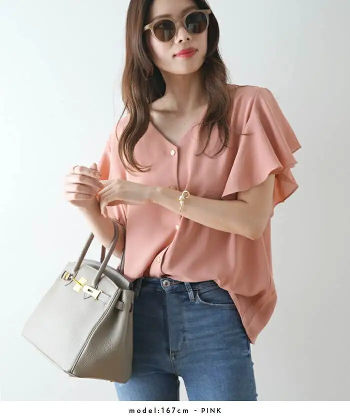 Damska bluzka z koronkowym wykończeniem w japońskim stylu, idealna na wiosnę, lato i jesień, z motywem kwiatowym, kolekcja Fre Pure Color ort Sve irt 2023.