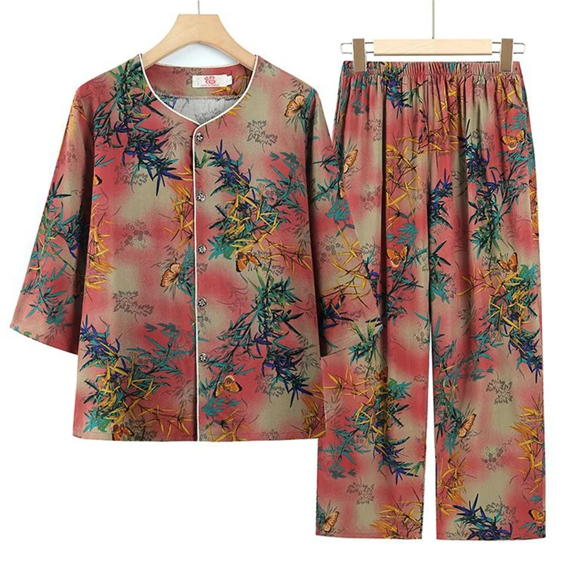 

XL-5XL Повседневный ретро комплект из двух предметов для мамы среднего возраста, вязаные весенне-осенние пижамы, женские большие размеры, домашняя одежда, внешний наряд, костюм