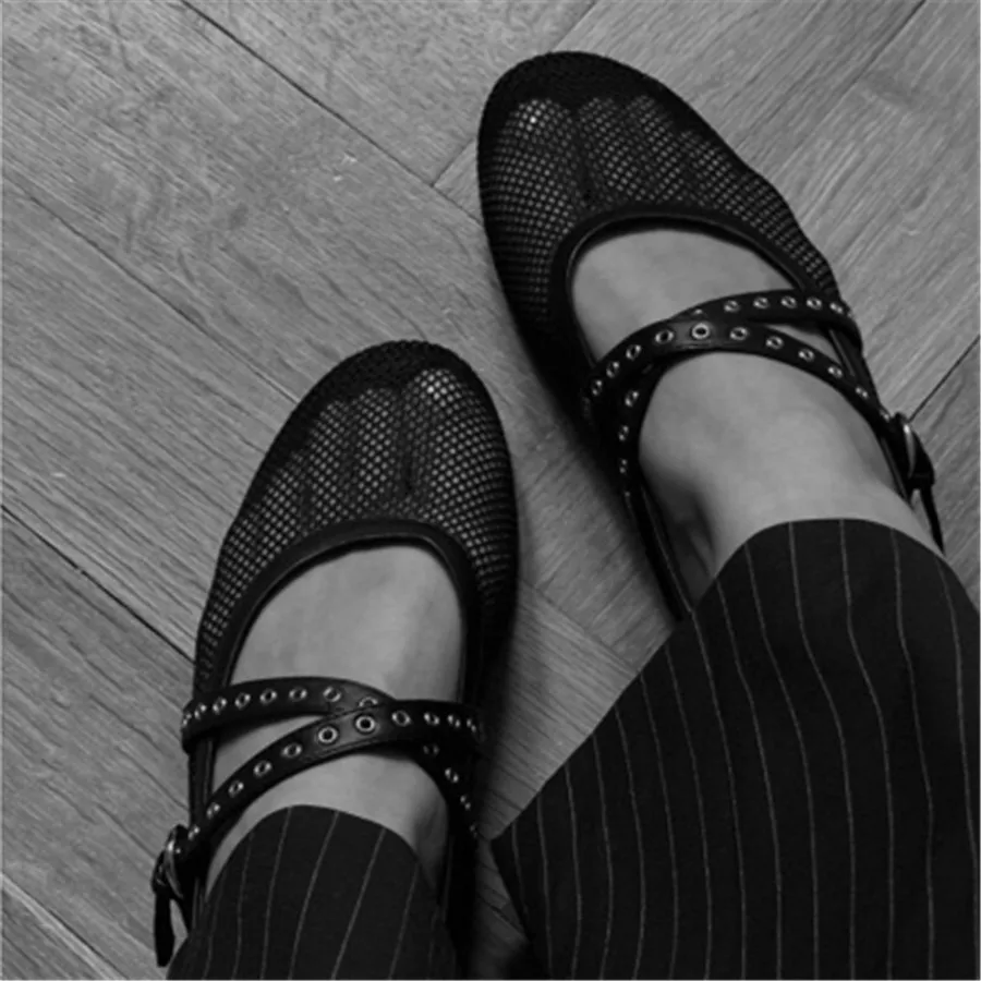 Luksusowe damskie siatkowe baletki drążą paski Mary Janes mokasyny buty do tańca letnie buty do chodzenia damskie sandały Espadryle