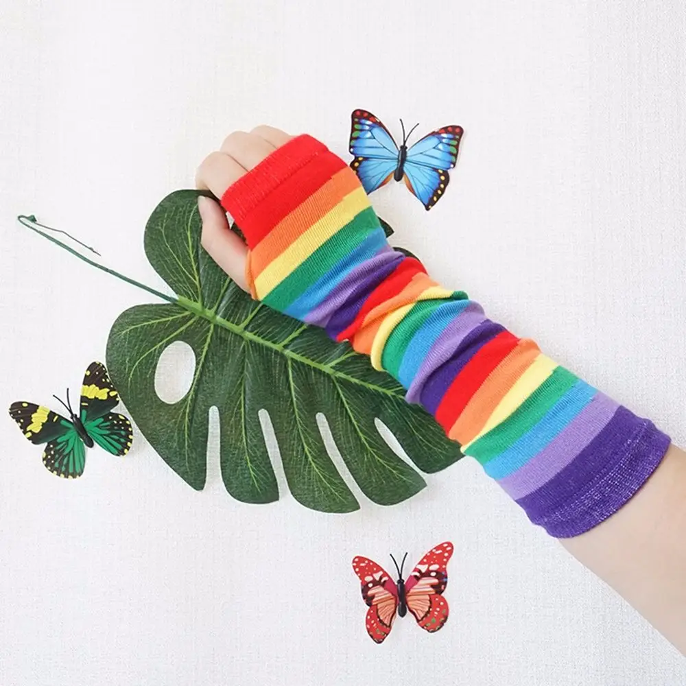 Soft Elastic Girls Summer Thin Printing Striped Arm Warmers Knitting  Gloves Rainbow Sleeve Cuff Female Arm Warmers