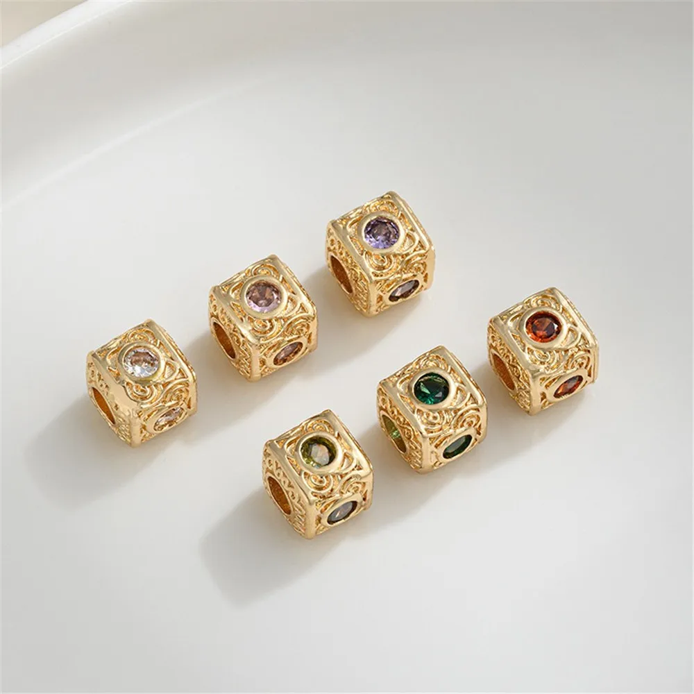 14K Gold-Color Plated Square Bead DIY Handmade Bead Material Retro Pattern Inlaid with Colorful Zirconium Jewelry Accessories