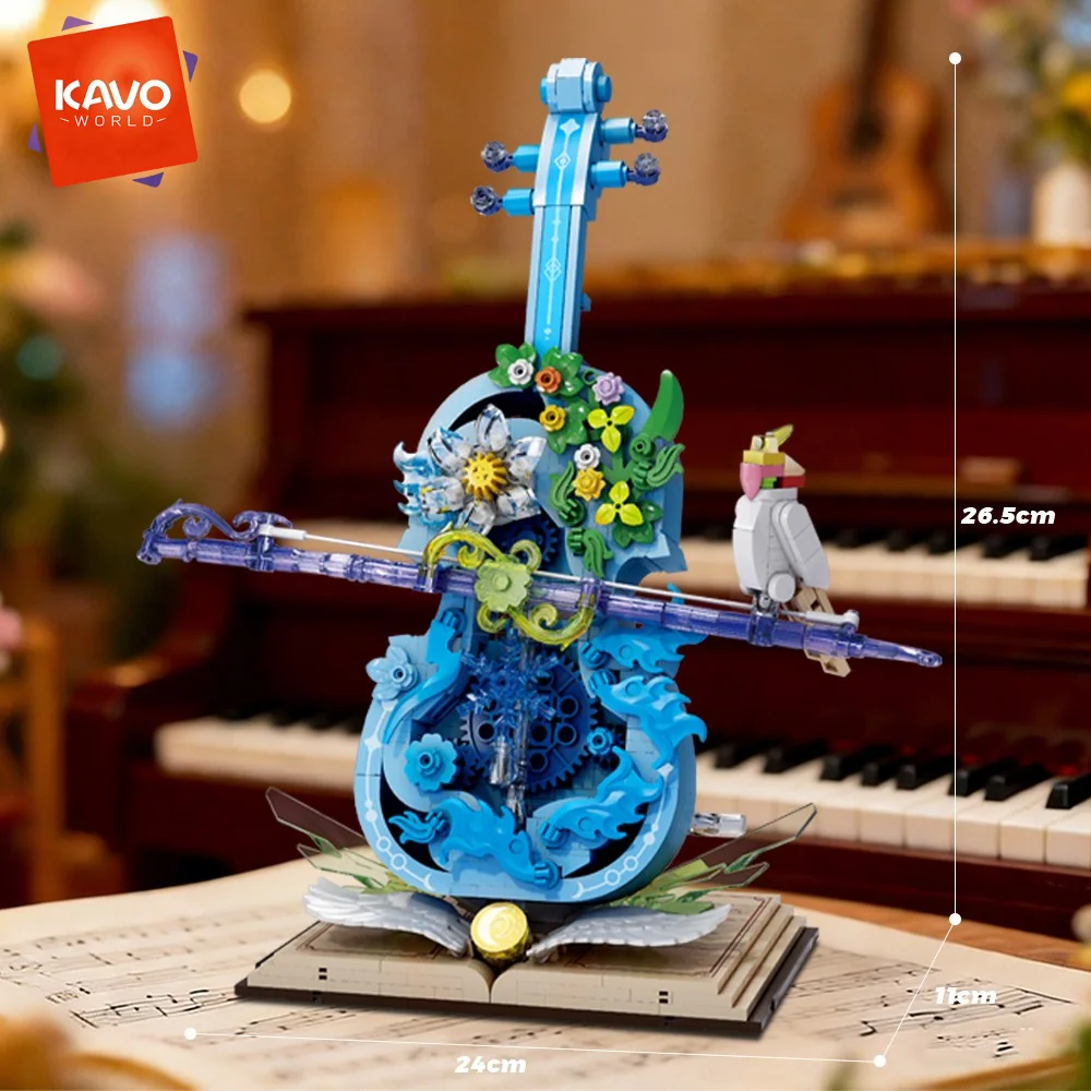 KAVOWORLD 783pcs Dreamy Blue Violin Building Block Set with Flowers Bird Decor LED Light Up Musical Instrument Model Kit Movable String Design Art Decoration for Home Office Ideal Gift for Adults Teens Girls Music Lovers