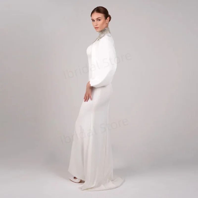 Maßgeschneiderte elegante Ballkleider, bodenlang, Stehkragen, volle Ärmel, Abendkleid, Kristallperlen, drapiertes Partykleid