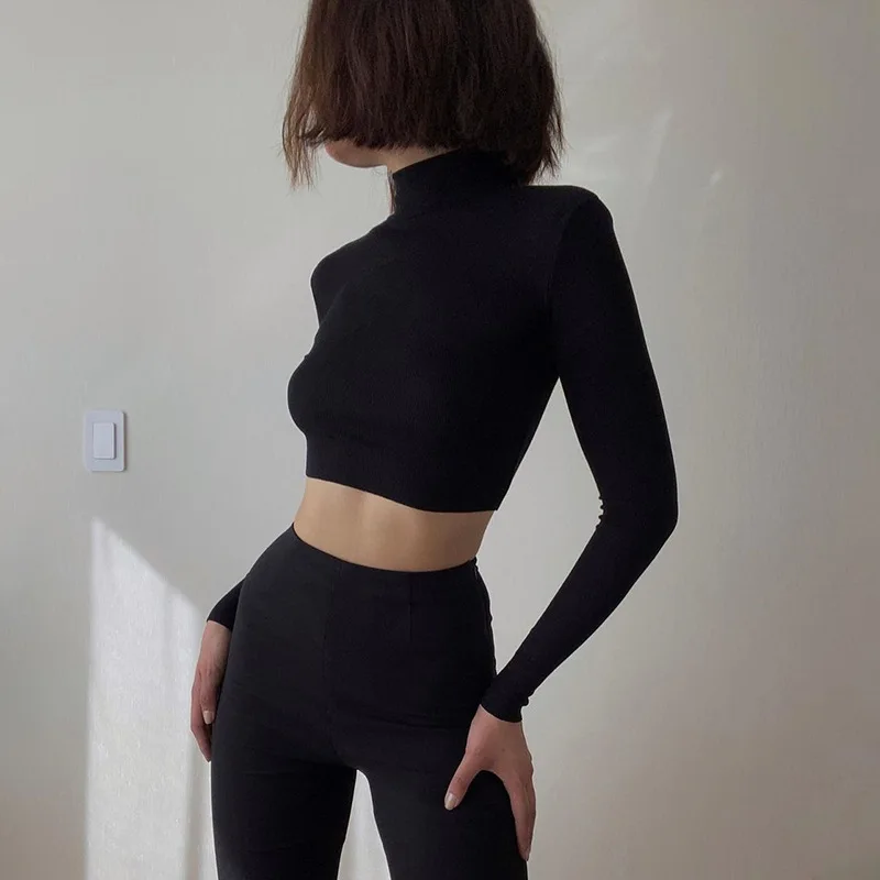 Solid Nude Turtleneck Cropped T Shirt Women Autumn Casual Long Sleeve T-shirt Ladies Skinny Basic Tee Shirt Femme