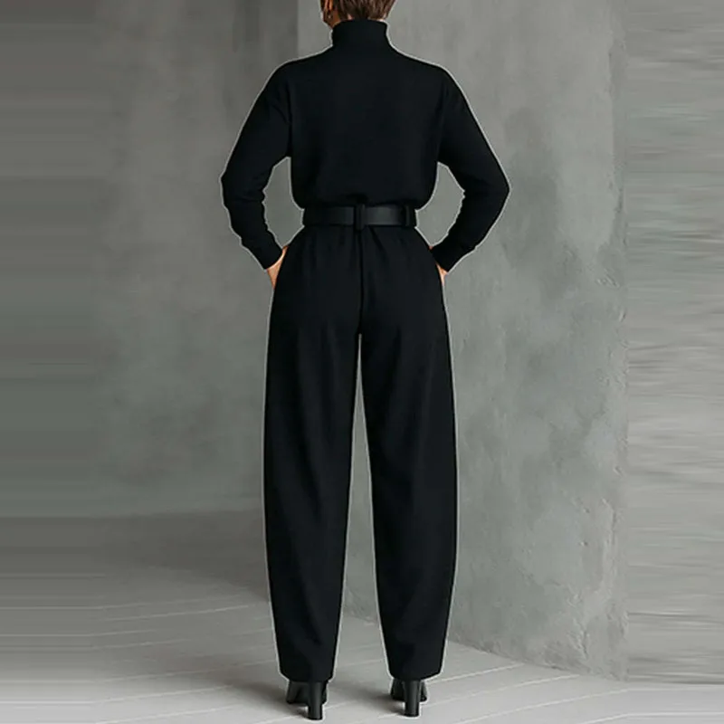 Casual Black Slim Commute Two Piece Sets Ladies Simple Pocket Pants Outfits Temperament High Collar Long Sleeve Tops&Pants Sets
