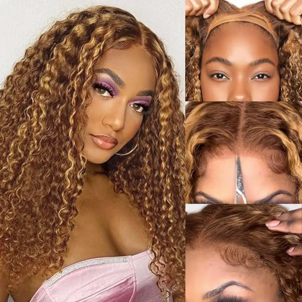 Soft 250% High Density Natural Hairline Highlight Brown Blonde 24 Inch Long Pre Plucked Kinky Curly Synthetic Lace Front Wig