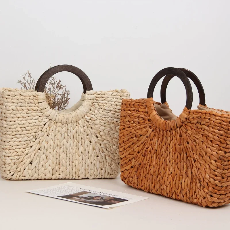 Portable Women's Straw Bags Retro Art Beach Bag Corn Skin Moon Bag Korean Travel Picture Prop Wooden Ring Handle Travel Bag