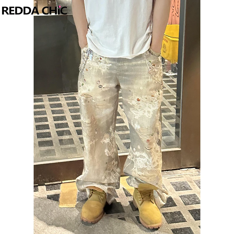 

REDDACHIC Vintage Ripped Print Baggy Jeans Men Washed Distressed High Waist Straight Hiphop Wide Leg Denim Pants Y2k Streetwear