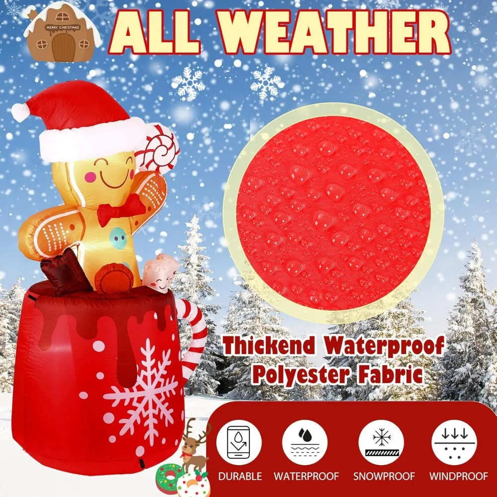 Christmas Inflatable 6 FT Gingerbread Outdoor Decorations Cute Blow Up Gingerbread Man in Hot Cocoa Mug Christmas Inflatable